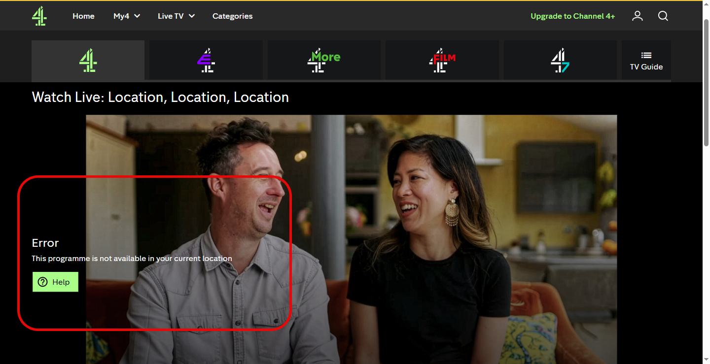 Channel 4 geo-block error shown when accessed from outside the UK