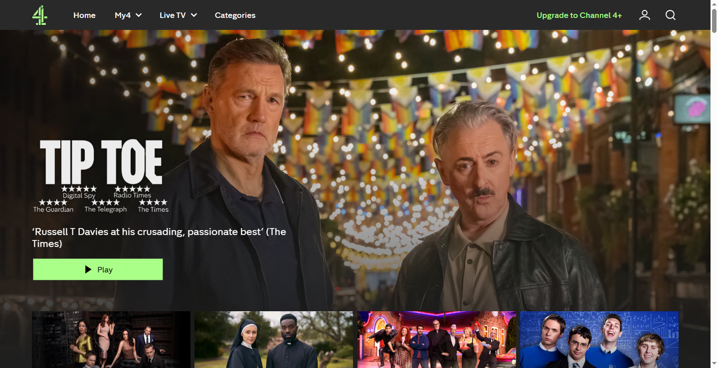 Channel 4 home screen loading normally over a UK VPN connection
