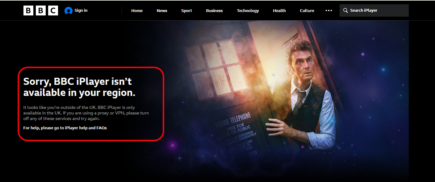BBC iPlayer geo-block error shown when accessed from outside the UK