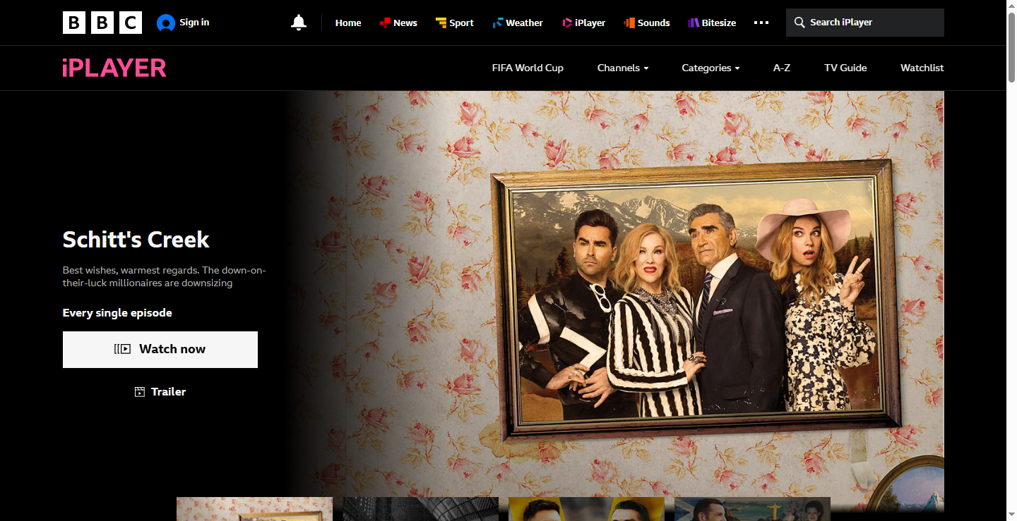 BBC iPlayer home screen loading normally over a UK VPN connection