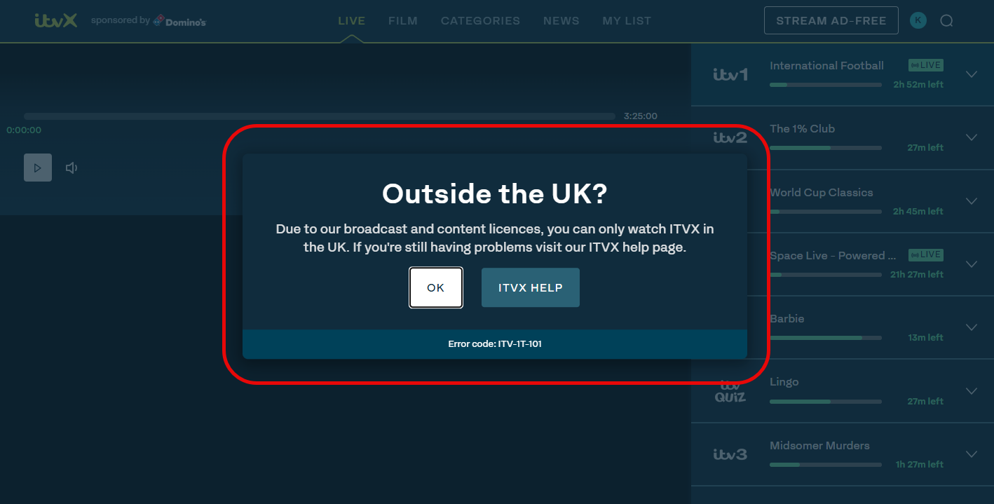 ITVX geo-block error shown when accessed from outside the UK