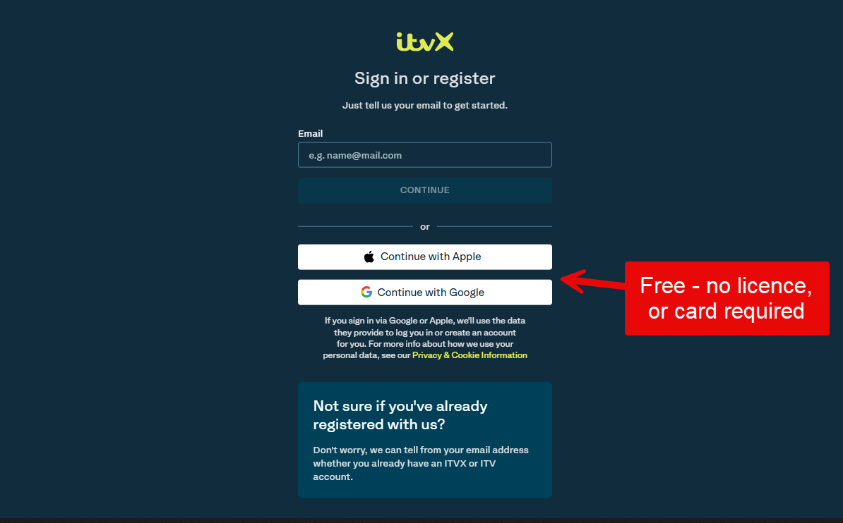 ITVX free account sign-up screen, no payment required