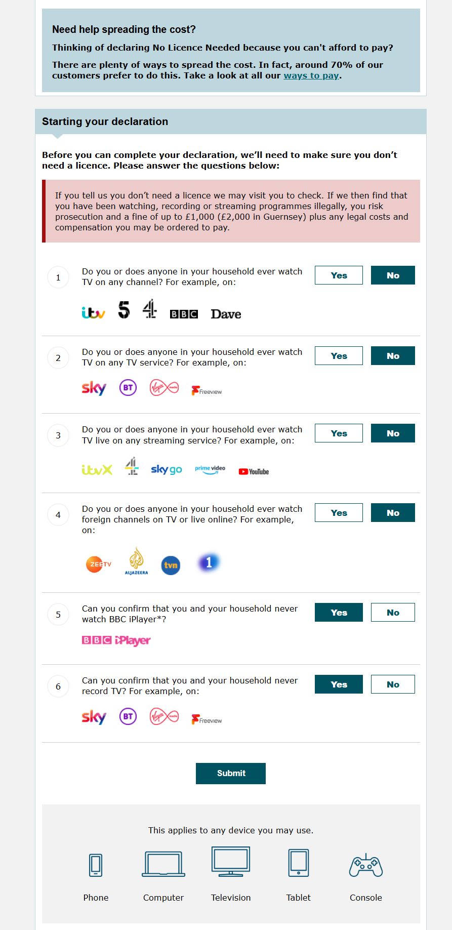 TV Licensing No Licence Needed declaration form