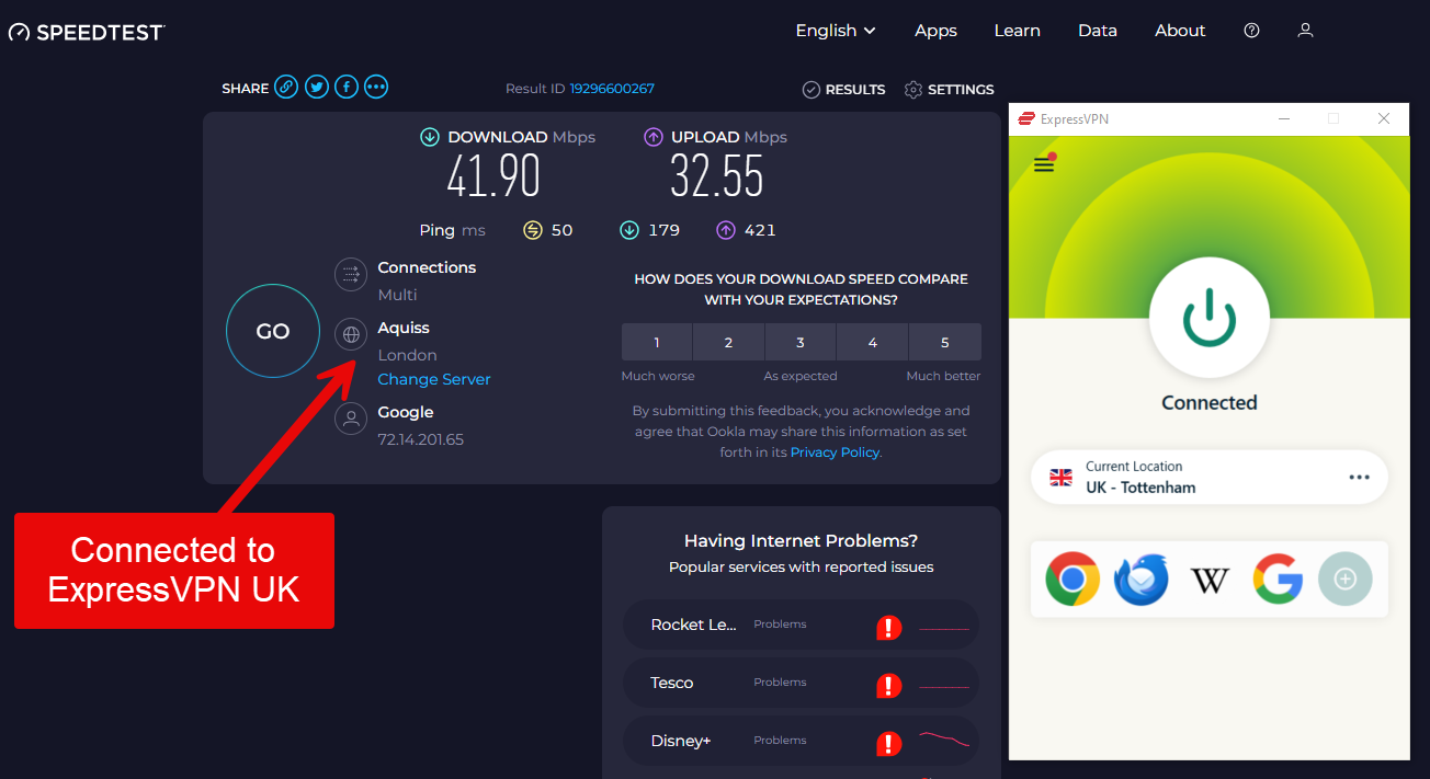 Speed test result while connected to an ExpressVPN UK server